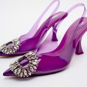 NWT Zara Embellished Vinyl Heels Violet formal sling backs Size EU 38 US 7.5
